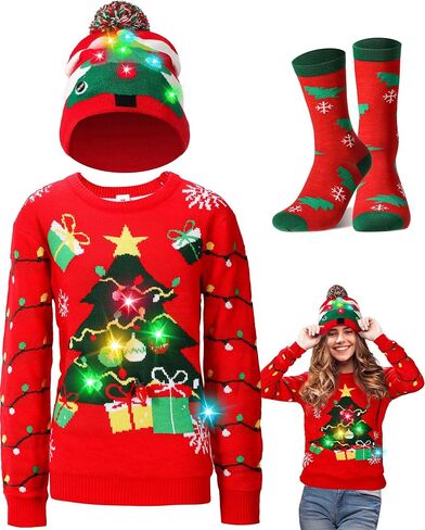 Liitrsh Light up Ugly Christmas Sweater for Women 2025 with LED Knitted Xmas Tree Pullover Hat Socks Couples Men Holiday in Saudi Arabia