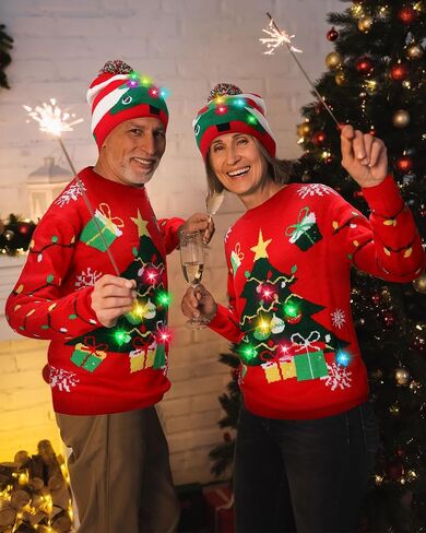 Liitrsh Light up Ugly Christmas Sweater for Women 2025 with LED Knitted Xmas Tree Pullover Hat Socks Couples Men Holiday in Saudi Arabia