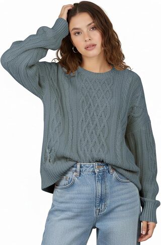 Buauty Women's Oversized Chunky Cable Knit Crewneck Sweater Fall Winter Long Sleeve Casual Pullover Tops Daily Outfits in Saudi Arabia