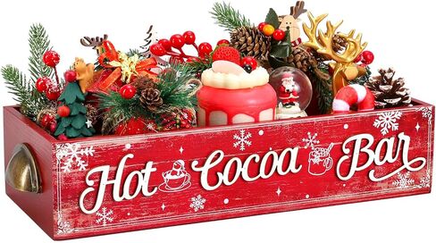 Christmas 3D Hot Cocoa Bar Wood Storage Box Vintage Red Rustic Wooden Organizer Bins Tabletop with Handle for Xmas Farmhouse Party Home Office Kitchen Decor in Saudi Arabia