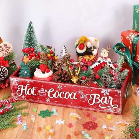 Christmas 3D Hot Cocoa Bar Wood Storage Box Vintage Red Rustic Wooden Organizer Bins Tabletop with Handle for Xmas Farmhouse Party Home Office Kitchen Decor in Saudi Arabia