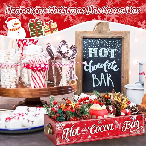 Christmas 3D Hot Cocoa Bar Wood Storage Box Vintage Red Rustic Wooden Organizer Bins Tabletop with Handle for Xmas Farmhouse Party Home Office Kitchen Decor in Saudi Arabia