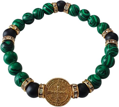 Saint Benedict Bracelet for Men with Black Onyx and Green Malachite Stones – Protection and Energy – Golden Medal Design – 20 cm Adjustable in Saudi Arabia