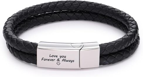 Sett&Co - Personalized Engraved Black Leather Bracelet - Stainless Steel or 18K Gold Plating - Custom Inscription - Engraved Jewelry for Him, Men, Dad - Dainty Gift For Valentine's Day, Christmas, Father's Day, Anniversary in Saudi Arabia