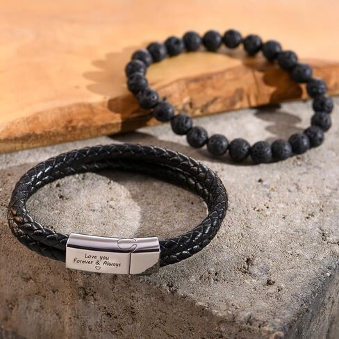 Sett&Co - Personalized Engraved Black Leather Bracelet - Stainless Steel or 18K Gold Plating - Custom Inscription - Engraved Jewelry for Him, Men, Dad - Dainty Gift For Valentine's Day, Christmas, Father's Day, Anniversary in Saudi Arabia