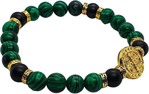 Saint Benedict Bracelet for Men with Black Onyx and Green Malachite Stones – Protection and Energy – Golden Medal Design – 20 cm Adjustable in Saudi Arabia