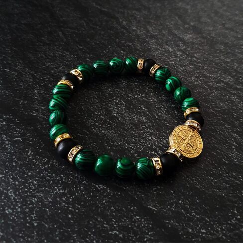 Saint Benedict Bracelet for Men with Black Onyx and Green Malachite Stones – Protection and Energy – Golden Medal Design – 20 cm Adjustable in Saudi Arabia