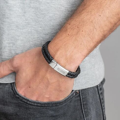 Sett&Co - Personalized Engraved Black Leather Bracelet - Stainless Steel or 18K Gold Plating - Custom Inscription - Engraved Jewelry for Him, Men, Dad - Dainty Gift For Valentine's Day, Christmas, Father's Day, Anniversary in Saudi Arabia