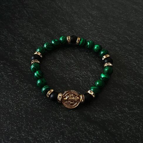 Saint Benedict Bracelet for Men with Black Onyx and Green Malachite Stones – Protection and Energy – Golden Medal Design – 20 cm Adjustable in Saudi Arabia