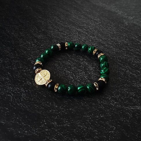Saint Benedict Bracelet for Men with Black Onyx and Green Malachite Stones – Protection and Energy – Golden Medal Design – 20 cm Adjustable in Saudi Arabia
