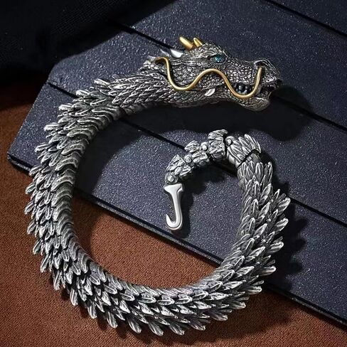 Feng Shui Dragon Bracelet, Vintage 925 Sterling Silver Power and Strength Bracelet for Luck, Success, and Protection, Aztec Gothic Jewelry Gift for Men and Women in Saudi Arabia