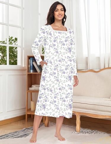 MZROCR Long Sleeve Cotton Nightgowns for Women Soft Night Gowns for Adult Square Neckline Sleepwear Victorian Sleep Dress in Saudi Arabia