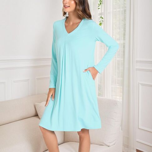 Bamboo Viscose Pleated Nightgowns for Women Long Sleeve V-Neck Pajama Sleepshirts in Saudi Arabia