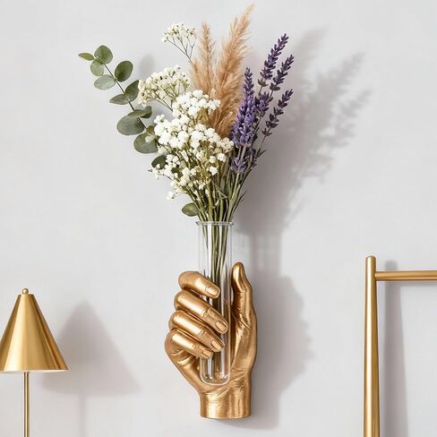 Gold Wall Hand Vase,Vintage Art Decor,Life-Size Hand Sculpture with Glass Test Tube Vase,Unique Wall Art Statue for Indoor or Outdoor,Maximalist Boho Whimsical Decor, for Women in Saudi Arabia