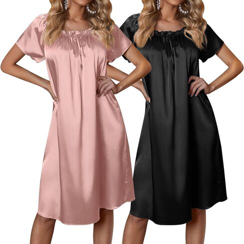 Ekouaer Satin Nightgowns for Women 2 Pack Silk Nightgown Pleated Loose Night Shirts Short Sleeve Sleep Shirts,Pink/Black,Large in Saudi Arabia