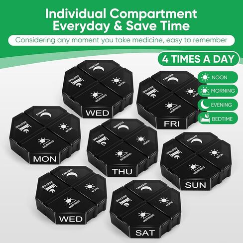 Weekly Pill Organizer 4 Times a Day, 7 Day Travel Pill Box with 28 Large Compartments Daily Pill Case, Portable Pill Container Medicine Organizer Vitamin Holder for Supplement (Black) in Saudi Arabia