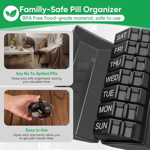 Weekly Pill Organizer 4 Times a Day, 7 Day Travel Pill Box with 28 Large Compartments Daily Pill Case, Portable Pill Container Medicine Organizer Vitamin Holder for Supplement (Black) in Saudi Arabia