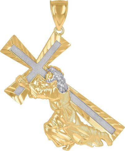 10kt Gold Two-Tone Diamond-Cut Unisex Jesus Carrying Cross Religious Charm Pendant in Saudi Arabia