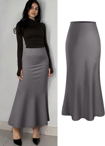Sophisticated Charcoal High-Waist A-Line Skirt - Elegant Stretch Midi Length Women's Versatile Wear in Saudi Arabia