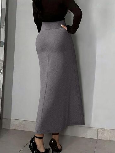 Sophisticated Charcoal High-Waist A-Line Skirt - Elegant Stretch Midi Length Women's Versatile Wear in Saudi Arabia