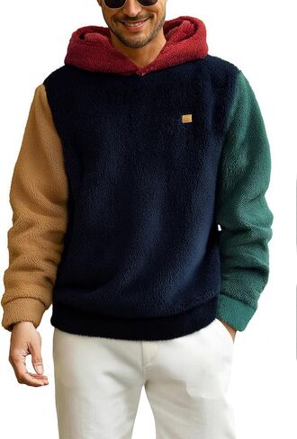 Verdusa Men's Color Block Fuzzy Fleece Hooded Sweatshirt Long Sleeve Pullover Hoodies in Saudi Arabia