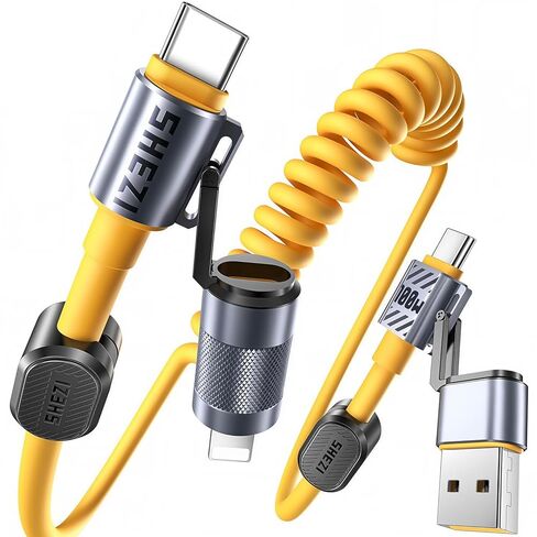 كابل USB C Cable 4-in-1 للسيارة [60W الشحن السريع] USB C إلى كبل البرق [Carplay & Android Auto] سلك الشاحن مع L/Type C/USB منافذ متعددة لـ iPhone/iPad-5ft Yellow (Shezi-Series) in Kuwait
