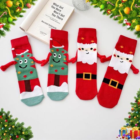 Christmas Holding Hands Socks, Magnetic Funny Hand Holding Unisex Socks for Couples, White Elephant Exchange Gifts for Adults, Xmas Secret Santa Gag Gifts for New Year (1Pair Red and 1Pair Green) in Saudi Arabia
