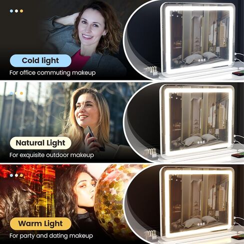 مرآة زينة مع أضواء، مرآة كبيرة بإضاءة LED مقاس 23 بوصة × 18 بوصة مع تكبير 10 أضعاف قابل للفصل و3 أوضاع ألوان، ومنفذ شحن USB لسطح طاولة مكتب الزينة (أبيض، 23 * 18) in Saudi Arabia