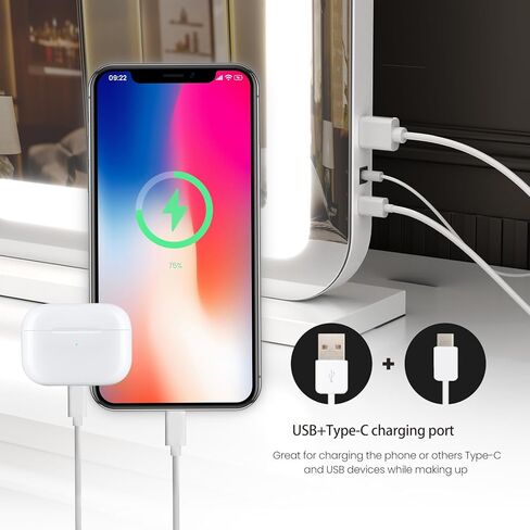 مرآة زينة مع أضواء، مرآة كبيرة بإضاءة LED مقاس 23 بوصة × 18 بوصة مع تكبير 10 أضعاف قابل للفصل و3 أوضاع ألوان، ومنفذ شحن USB لسطح طاولة مكتب الزينة (أبيض، 23 * 18) in Saudi Arabia