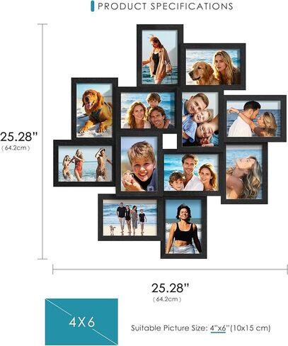 إطارات صور مجمعة مقاس 4x6، إطار صور من الخشب الصلب مكون من 12 حزمة، إطارات صور لتزيين الحائط مجمعة، مجموعة بواجهة زجاجية، التجميع مطلوب، أسود in Kuwait
