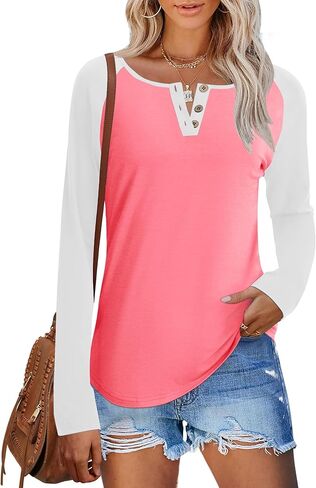 IECCP قمصان طويلة الأكمام للنساء بلوزات هينلي غير رسمية فضفاضة تناسب التي شيرت أنيق كتلة اللون الخامس الرقبة زر المرأة تونك بلوزة in Kuwait