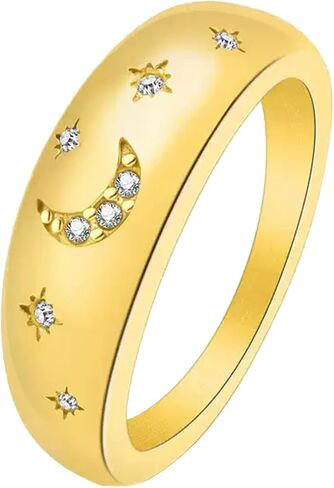 Celestial Moon & Stars Ring, 7mm Stainless Steel Band with Simulated Diamonds, Romantic Night Sky Jewelry in Gold Silver Black, Size 5-11 in Saudi Arabia