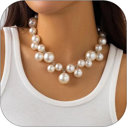 Chunky Pearl Necklaces for Women Statement Necklace for Women Dainty Exaggerated Pearl Choker Necklaces Bride Wedding Prom Jewelry Gifts in Saudi Arabia