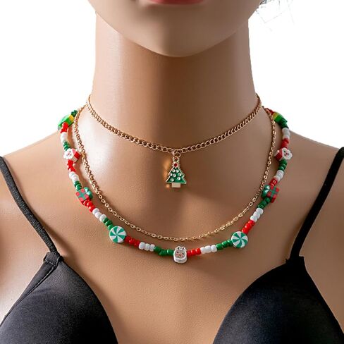 Christmas Necklaces Multi-Layer Beads Necklace Chain Xmas Tree Candy Cane Santa Pendant Necklaces for Women Holiday Necklace Jewelry For Women in Saudi Arabia