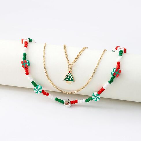 Christmas Necklaces Multi-Layer Beads Necklace Chain Xmas Tree Candy Cane Santa Pendant Necklaces for Women Holiday Necklace Jewelry For Women in Saudi Arabia