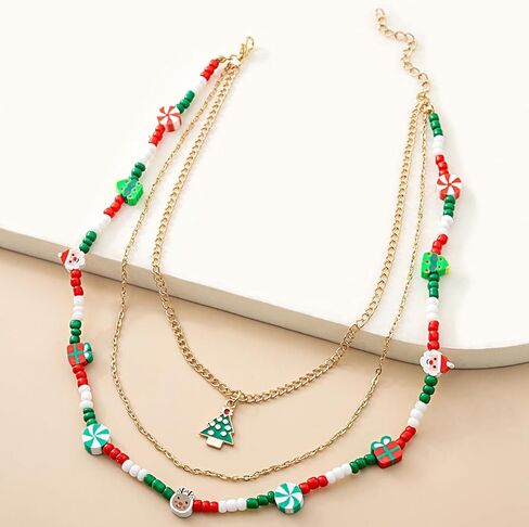 Christmas Necklaces Multi-Layer Beads Necklace Chain Xmas Tree Candy Cane Santa Pendant Necklaces for Women Holiday Necklace Jewelry For Women in Saudi Arabia