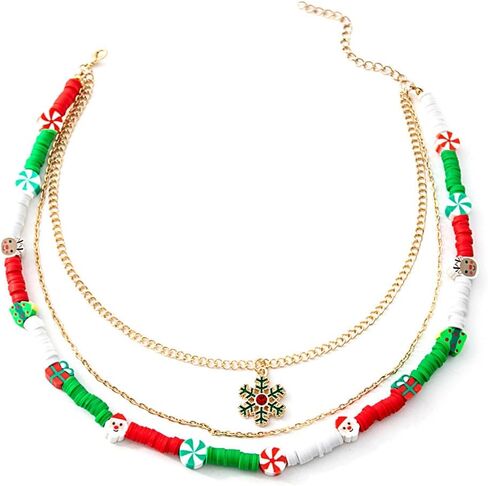 Christmas Necklaces Multi-Layer Beads Necklace Chain Xmas Tree Candy Cane Santa Pendant Necklaces for Women Holiday Necklace Jewelry For Women in Saudi Arabia