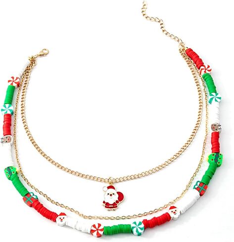 Christmas Necklaces Multi-Layer Beads Necklace Chain Xmas Tree Candy Cane Santa Pendant Necklaces for Women Holiday Necklace Jewelry For Women in Saudi Arabia