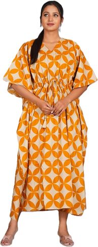Kaftan Long Top Lightweight Coverup HandBlock Print Sleepwear Maxi Robe One Piece Adjustable Waist Drawstring 50" Length in Saudi Arabia