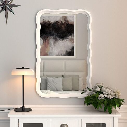 COZAYH Rustic Farmhouse Wall Mirror, 23.5" x 38" Rectangular Decorative Wall Mounted Mirror with Distressed Wood Frame & Curved Scallop Detail, Natural in Saudi Arabia