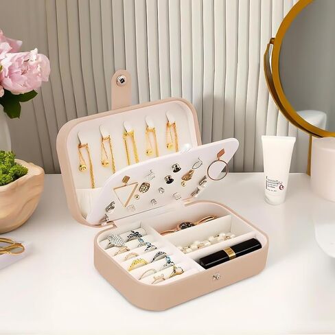 Travel Jewelry Box for Women, PU Leather Jewelry Organizer with Storage for Earrings, Rings, Necklaces – Portable & Stylish Gift for Women (Pink) in Saudi Arabia