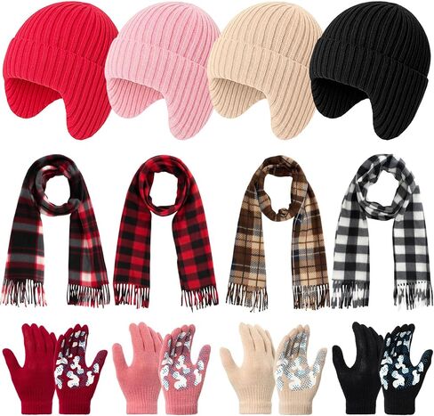 12 Pcs Kids Hat Gloves Scarf Set Winter Girls Boys Toddler Unisex Warm Lined Fleece Knitted Set with Ear Flap Beanies Scarves Non Slip Gloves for 5-10 Years Boys Girls Gift Cold Weather in Saudi Arabia