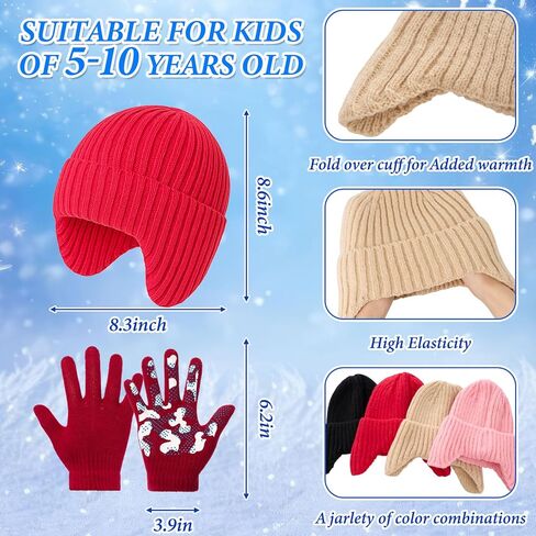 12 Pcs Kids Hat Gloves Scarf Set Winter Girls Boys Toddler Unisex Warm Lined Fleece Knitted Set with Ear Flap Beanies Scarves Non Slip Gloves for 5-10 Years Boys Girls Gift Cold Weather in Saudi Arabia
