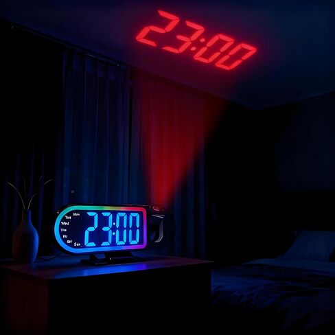 منبه إسقاطي 180 درجة جهاز عرض زمني قابل للدوران مع شاشة LED ملونة - 12/24 ساعة، USB- ساعات منبه بجانب السرير لغرفة النوم والمكتب والسفر والنوم بدون بطارية (إطار أسود نص أزرق) in Saudi Arabia