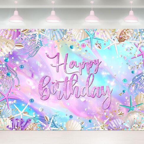 Ocean Birthday Backdrop Summer Underwater Sea Happy Birthday Banner Blue Starfish Seashell Mermaid Diamonds Pearl 7Wx5H Feet Fabric Polyester Photography Background Photo Shoot Decor Props in Saudi Arabia