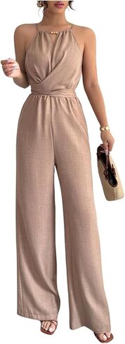 SOLY HUX Women's Elegant Tie Back Halter Jumpsuit Summer Cut Out Wide Leg Dressy Casual Romper in Saudi Arabia