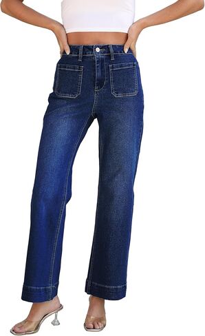 Women's Wide Leg Jeans Trendy High Rise Straight Leg Jeans for Women Stretchy Pockets Bootcut Denim Pants in Saudi Arabia