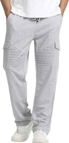 Suwangi Men’s Cargo Sweatpants Open Bottom Straight Fit Elastic Drawstring Pants with 5 Pockets for Casual Athletic Lounge in Saudi Arabia