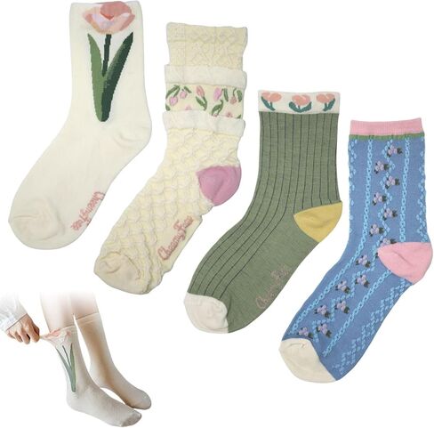 Red Vintage Flower Cotton Socks - 4 Pair, Colorful Socks with Ruffles & Embroidered Flowers, One Size in Saudi Arabia