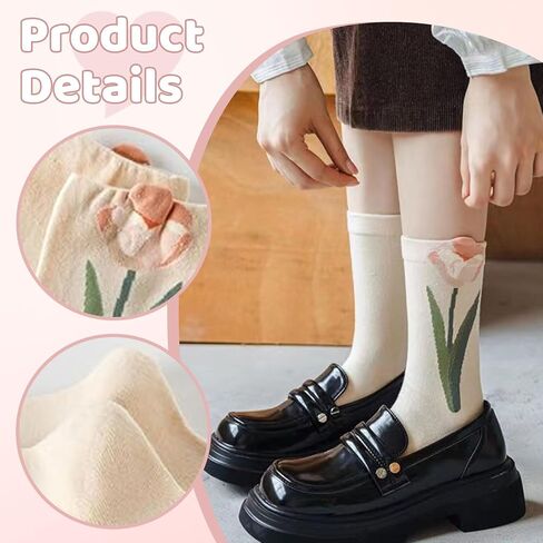 Red Vintage Flower Cotton Socks - 4 Pair, Colorful Socks with Ruffles & Embroidered Flowers, One Size in Saudi Arabia